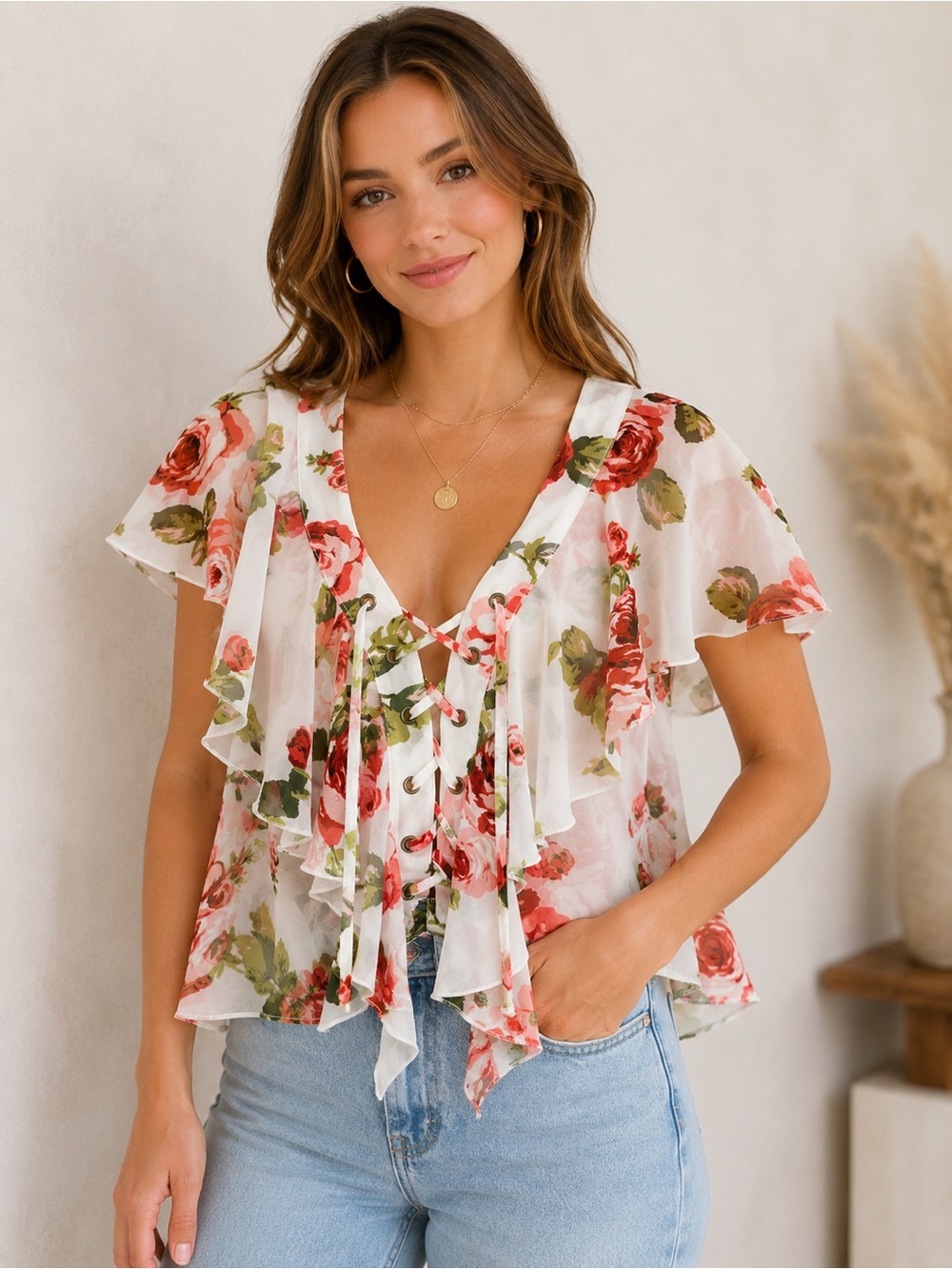 Show Me Your Mumu Floral Lace-Up Ruffle Chiffon Blouse XS Cottagecore Romantic